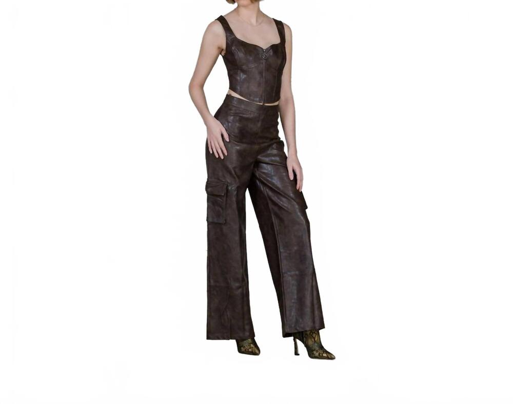 NEW PRIVY sleeveless top & cargo leather pant set in brown